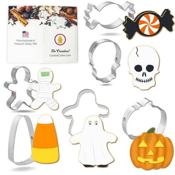 Trick or Treat Cookie Cutter 6 Pc Set - 4 in Candy Corn, 3 in Pumpkin, 3.5 in Mummy Monster, 3.25 in Candy, 3.25 in Skull, 4.25 in Ghost