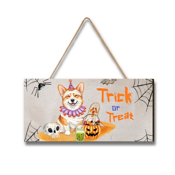 Trick or Treat Corgi Funny Mummy Cosplay Pumpkin Candy Basket Landscape Wood Sign Welsh Corgi Dog Lover Gifts Idea Hanging Wall Home Decor - 12016
