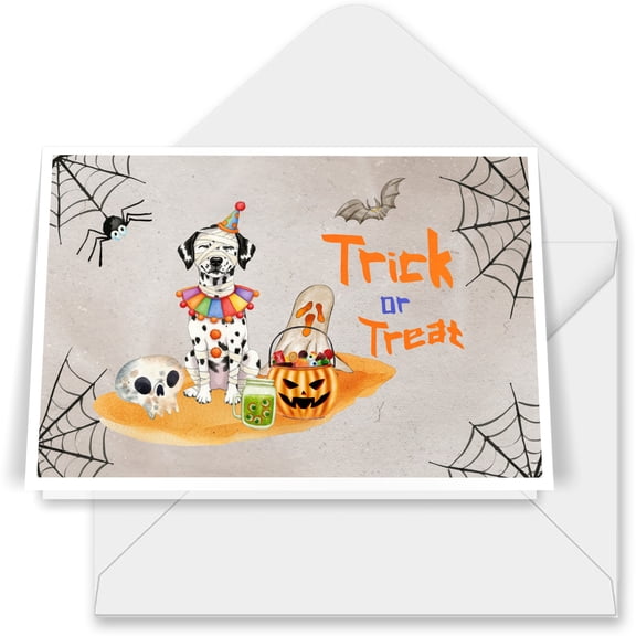 Trick or Treat Dalmatian Funny Mummy Cosplay Pumpkin Candy Basket 7x5in Folded Greeting Card Dog Lover Single Note Card with Envelope - 12016