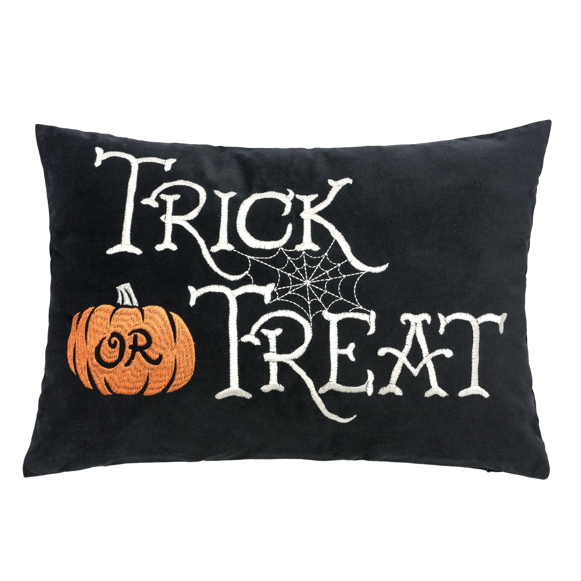 Trick or Treat Embroidered Lumbar Throw Pillow 14x20 Inch Black Velvet for Sofa Bed Halloween Decor