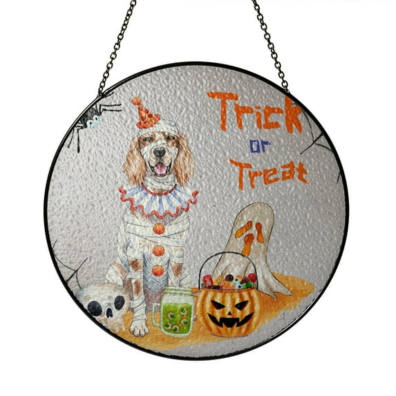 Trick or Treat English Setter Funny Mummy Cosplay Pumpkin Candy Basket Stained Glass Suncatcher Dog Lover Window Hanging Sign Decor - 12016