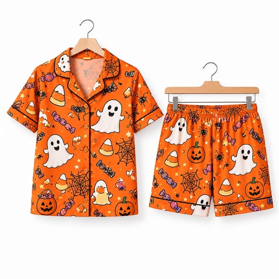 Trick or Treat Ghost Pajama Set, Pumpkin Short Sleeve Sleepwear