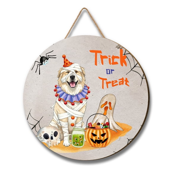 Trick or Treat Great Pyrenees Funny Mummy Cosplay Pumpkin Candy Basket Round Wood Sign Pyr Dog Lover Hanging Wall Home Decor - 12016
