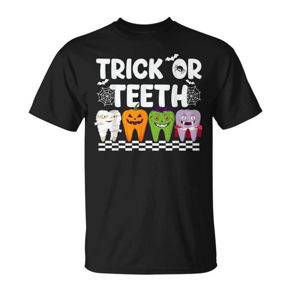 Trick or Treat Halloween Costumes Dental T-Shirt, Funny Spooky Dental Crew Graphic Tee, Halloween Dentist Dental Hygienist Shirt for Men Women