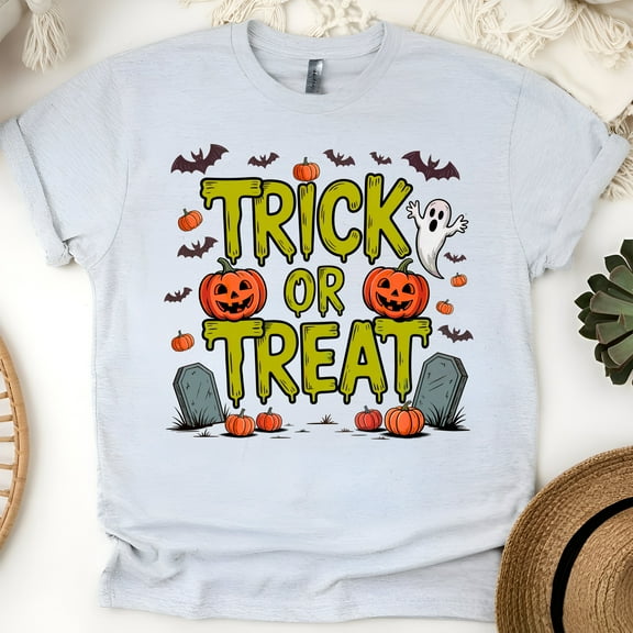 Trick or Treat Halloween Shirt | Cute Ghost and Pumpkin Graphic Tee, Ash, Size S