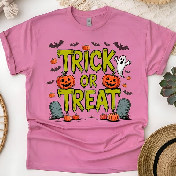 Trick or Treat Halloween Shirt | Cute Ghost and Pumpkin Graphic Tee, Heliconia, Size S