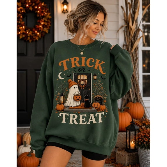 Trick or Treat Halloween Sweatshirt, Cute Ghost Halloween Sweatshirt, Black Cat Pumpkin Crewneck