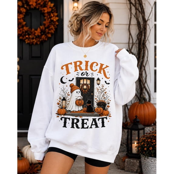 Trick or Treat Halloween Sweatshirt, Cute Ghost Halloween Sweatshirt, Black Cat Pumpkin Crewneck