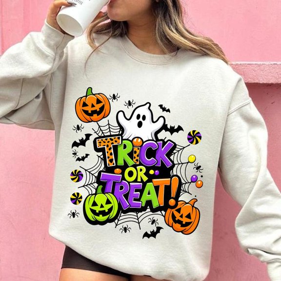 Trick or Treat Halloween Sweatshirt, Retro Doodle Spooky Season Shirt, Cute Fall Halloween Graphic SWEATSweatshirtfor October Celebrations