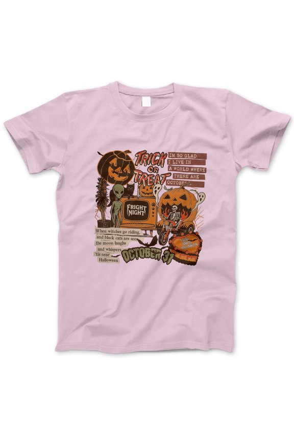 Trick or Treat Halloween T-Shirt, Vintage October 31 Skeleton Pumpkin Alien Graphic Tee, Retro Fright Night Fall Costume Shirt Gift