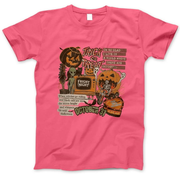 Trick or Treat Halloween T-Shirt, Vintage October 31 Skeleton Pumpkin Alien Graphic Tee, Retro Fright Night Fall Costume Shirt Gift