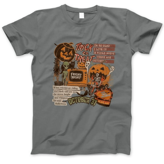 Trick or Treat Halloween T-Shirt, Vintage October 31 Skeleton Pumpkin Alien Graphic Tee, Retro Fright Night Fall Costume Shirt Gift