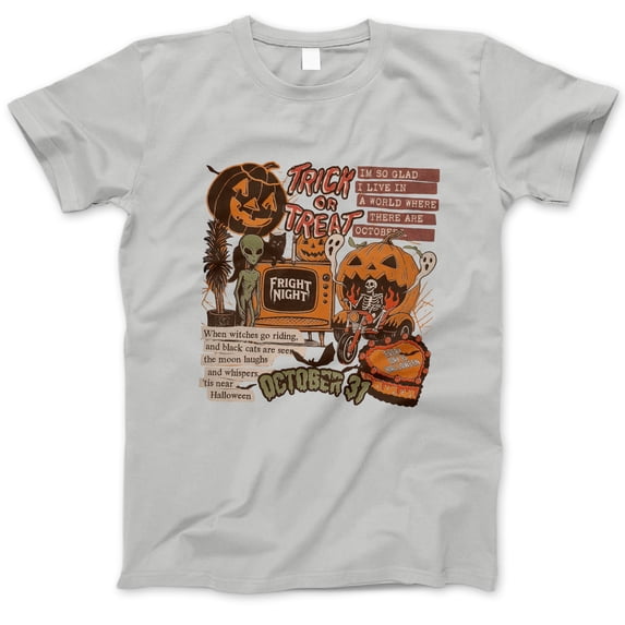 Trick or Treat Halloween T-Shirt, Vintage October 31 Skeleton Pumpkin Alien Graphic Tee, Retro Fright Night Fall Costume Shirt Gift