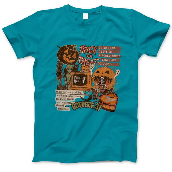 Trick or Treat Halloween T-Shirt, Vintage October 31 Skeleton Pumpkin Alien Graphic Tee, Retro Fright Night Fall Costume Shirt Gift