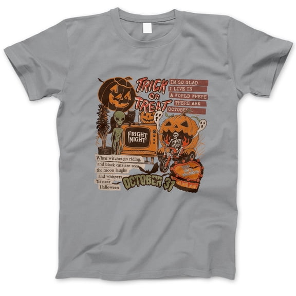 Trick or Treat Halloween T-Shirt, Vintage October 31 Skeleton Pumpkin Alien Graphic Tee, Retro Fright Night Fall Costume Shirt Gift