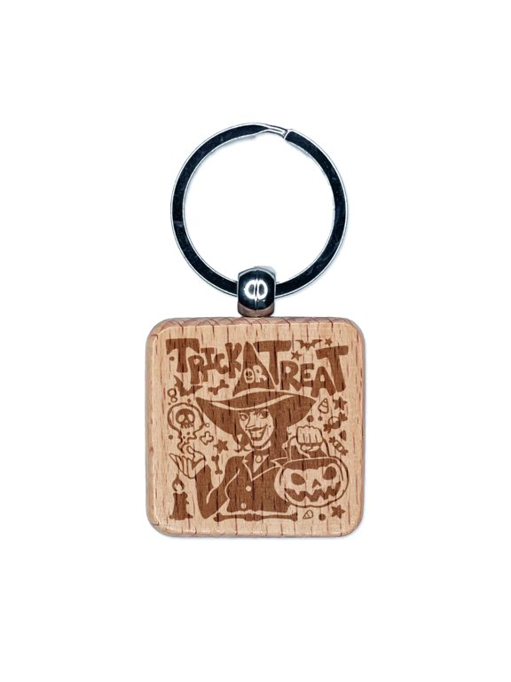 Trick or Treat Halloween Witch Square Keychain Charm Tag - Engraved Wood