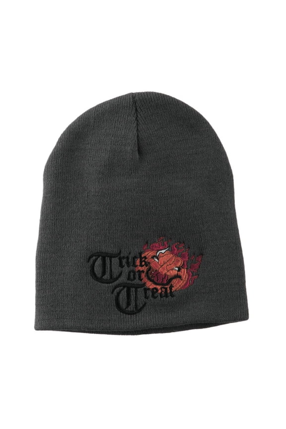 Trick or Treat Jack o Lantern Embroidered Short Beanie - Grey OSFM