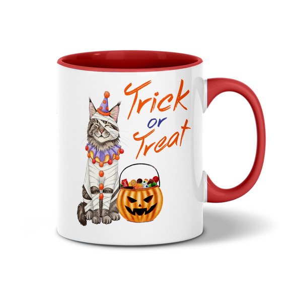 Trick or Treat Maine Coon Funny Mummy Cosplay Pumpkin Candy Basket 11oz Accent Two-tone Mug Cat Lover Kitten Owner Gifts Coffee Tea Cup - 12016