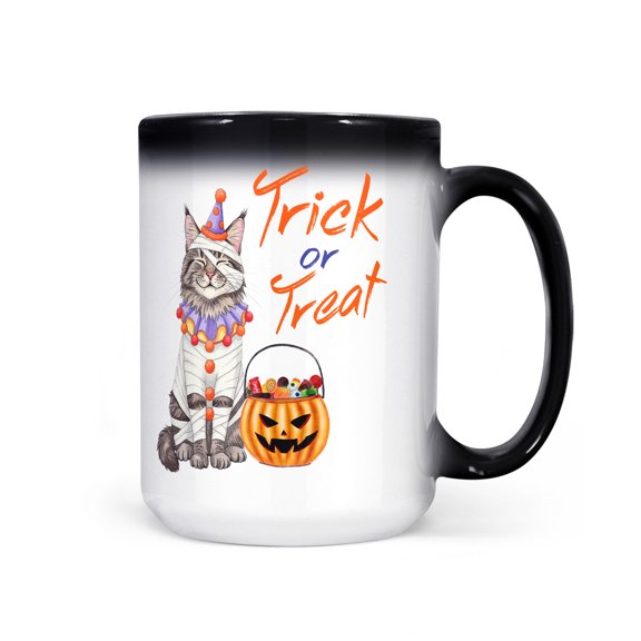 Trick or Treat Maine Coon Funny Mummy Cosplay Pumpkin Candy Basket Heat Color Changing Mug Cat Lover Kitten Owner Gifts Magic Coffee Mug - 12016