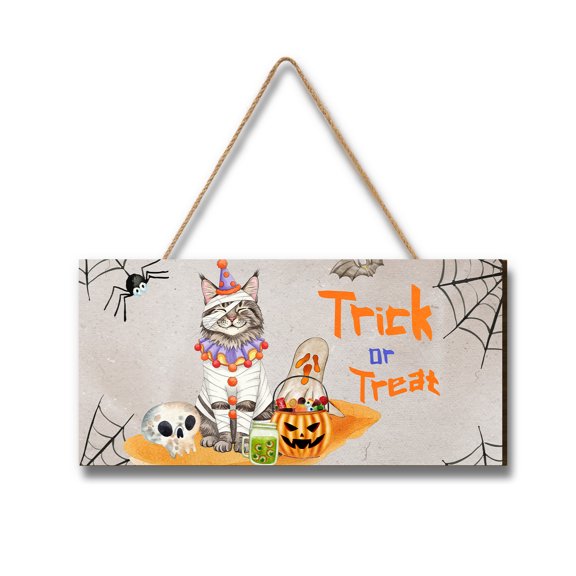 Trick or Treat Maine Coon Funny Mummy Cosplay Pumpkin Candy Basket Landscape Wood Sign Cat Lover Kitten Owner Gifts Hanging Wall Home Decor - 12016