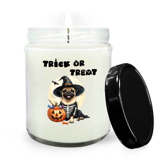 Trick or Treat Pug Needs Candy Happy Halloween Night Soy Wax Candle Dog Lover Gifts 16oz White Vanilla Candle - 02020