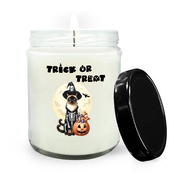 Trick or Treat Siamese Needs Candy Happy Halloween Night Soy Wax Candle Cat Lover Kitten Owner Gifts 16oz White Vanilla Candle - 02020