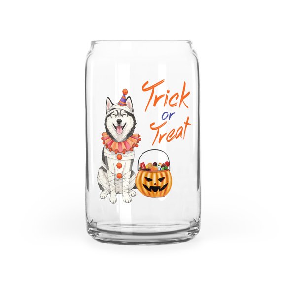 Trick or Treat Siberian Husky Funny Mummy Cosplay Pumpkin Candy Basket 16oz Glass Cup Mug Husky Dog Lover Gifts Glass Can - 12016