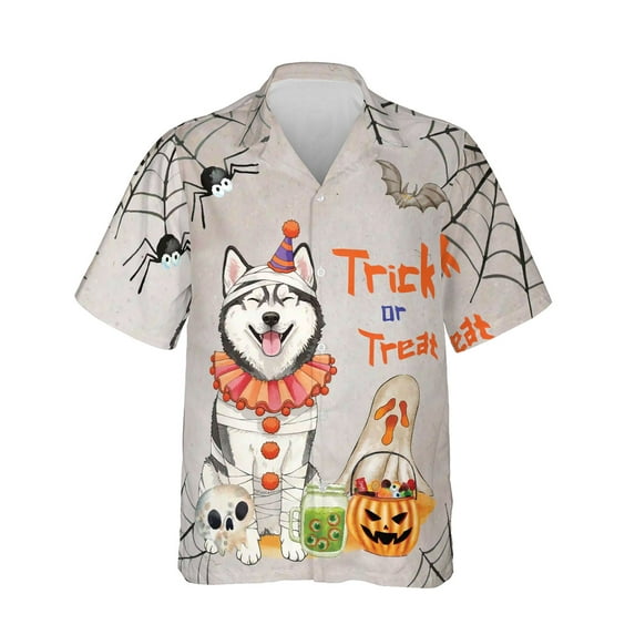 Trick or Treat Siberian Husky Funny Mummy Cosplay Pumpkin Candy Basket Hawaiian Shirt Breathable Summer Unisex Merch Husky Dog Lover Gifts - 12016