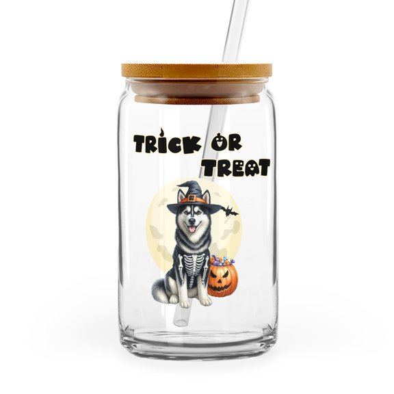 Trick or Treat Siberian Husky Needs Candy Happy Halloween Night 16oz Glass Cup Mug Husky Dog Lover Gifts Glass Can with Bamboo Lid and Straw - 02020