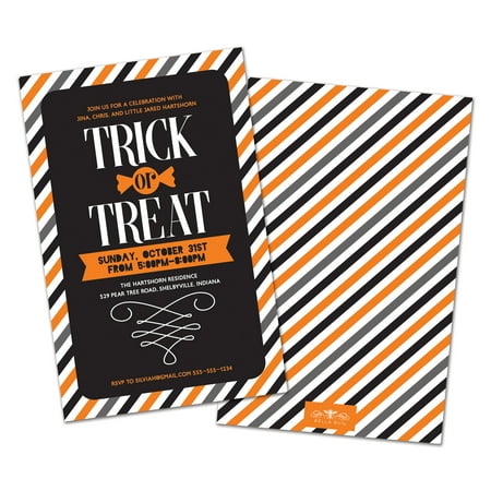 Trick or Treat Striped Personalized Halloween Party Invitations