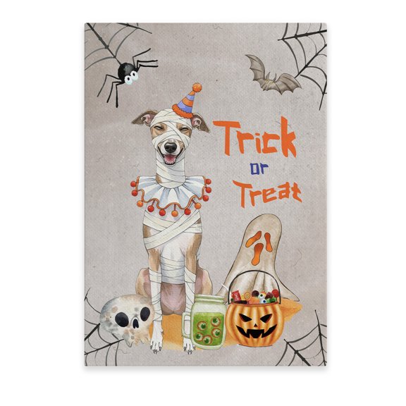 Trick or Treat Whippet Funny Mummy Cosplay Pumpkin Candy Basket Vertical Matte Canvas Poster Dog Lover Wall Art Home Decor - 12016