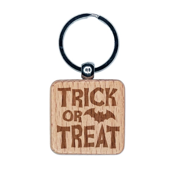 Trick or Treat with Bat Halloween Square Keychain Charm Tag - Engraved Wood