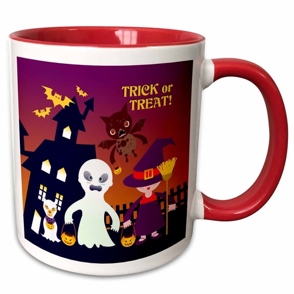 Trick or treat message and kids dressed up as ghost and witch with dog ghost 11oz Two-Tone Red Mug mug-125918-5
