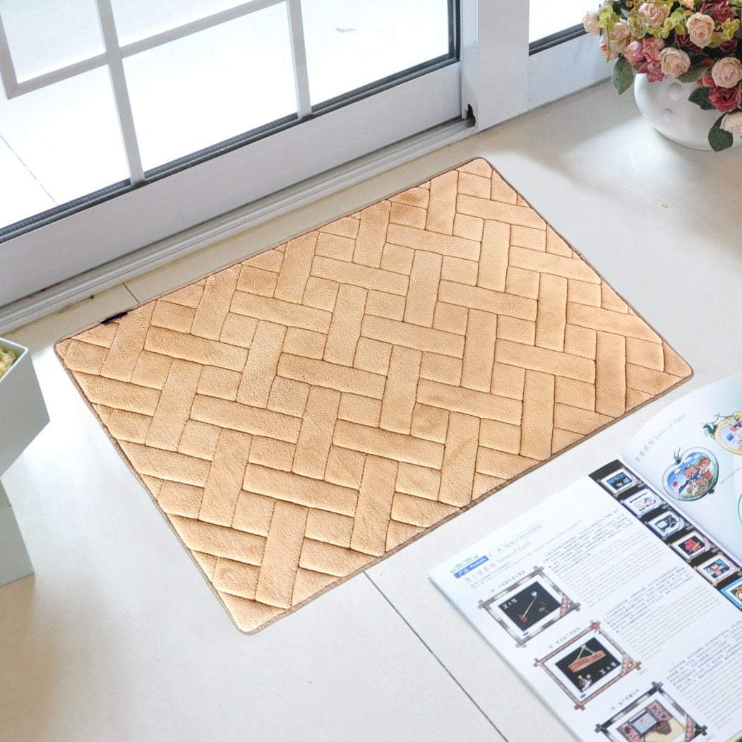Beige Memory Foam Herringbone Pattern Accent Rug 21" x 34"