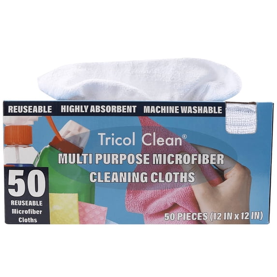 Tricol Clean Profesional Resuable Lint Free Microfiber Edgeless Cleaning Cloth Rag 50PK in Dispenser Box for Housekeeping, Car Cleaning (12 * 12 Inches), White