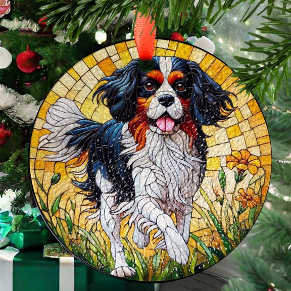 Tricolor Cavalier King and Wildflower GLASS Suncatcher Hanging, Cavalier King Charles Spaniel Suncatcher Ornament, Dog Lovers, Memorial Gift, Ornament 2025, Holiday 2025, Holiday