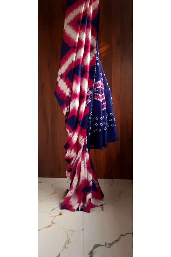 Tricolor Hand Tie & Dye Bandhej Pure Silk Saree