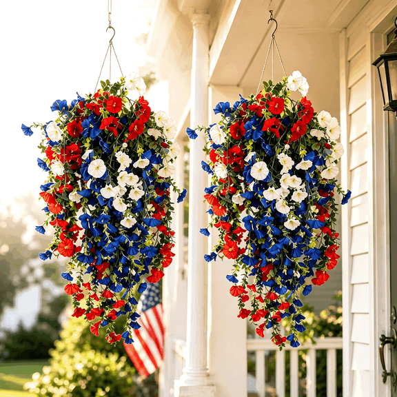 Tricolor Patriotic Artificial Flower – Red White & Blue 4th of July Decoration, Memorial Day Fake Garden Flowers for Outdoor Patio Decor(RL 30Inch 2 PCS)
