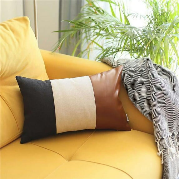 Tricolored Faux Leather Lumbar Throw Pillow, Multi Color