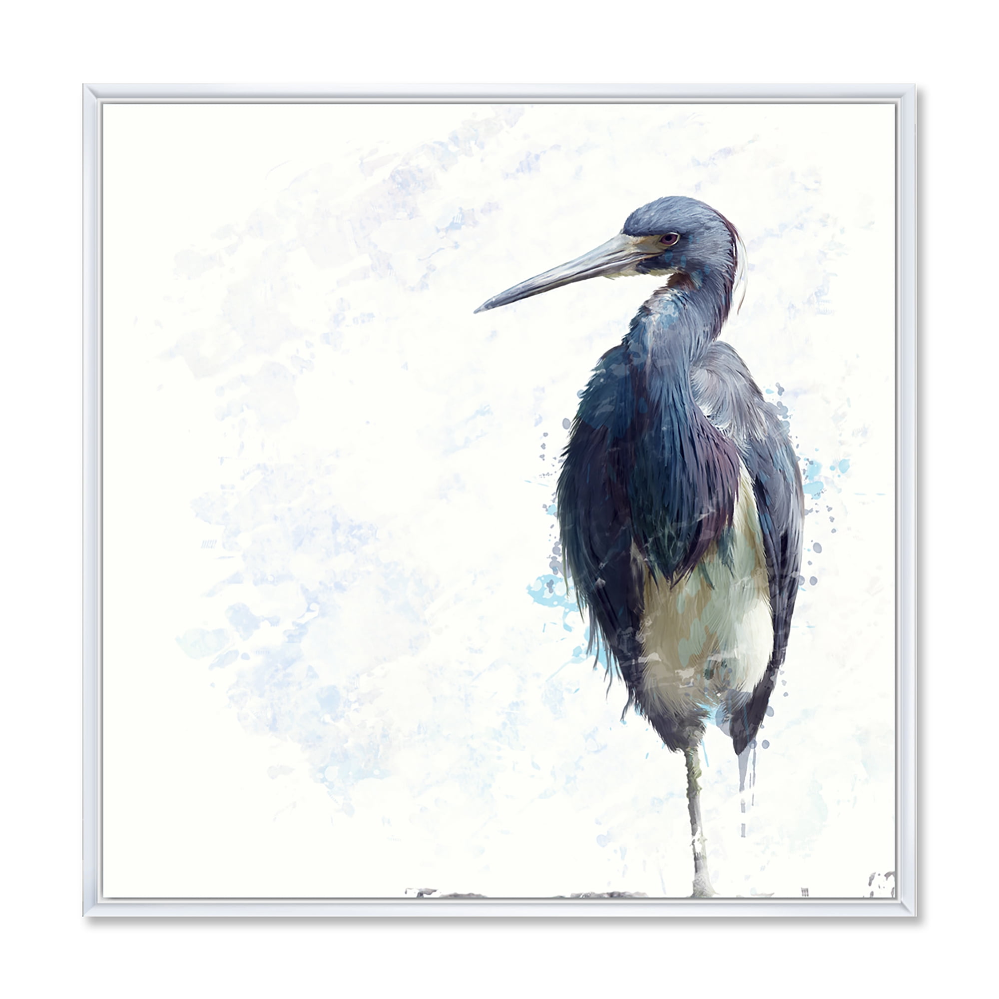 Tricolored Heron Bird On White 16 in x 16 in Framed Painting Canvas Art Print, by Designart