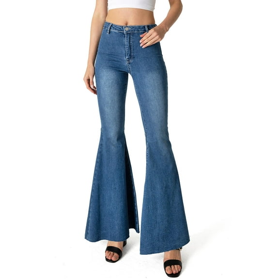 Tricot Womens High Rise Super Flare Bell Bottom Jeans (1, Medium Denim)