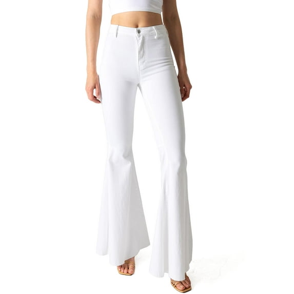 Tricot Womens Juniors High Rise Super Flare Bell Bottom Jeans (White, 13)