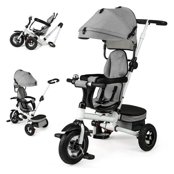 Tricycle, 5-in-1 Folding Trike Stroller w/Adjustable Handle & Canopy, Reversible Seat, Safety Belt, Folding Pedal, , Storage, Push Tricycle for Toddlers 1-5 Years Old (Gray)