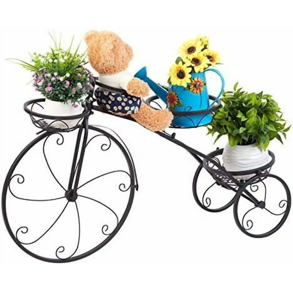 Tricycle Iron Planter Stand: 3 Potted Bicycle Shape Plant Flower Pot Rack Metal Display Shelf Holder for  Garden Indoor Outdoor$$Garden &