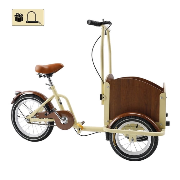 Tricycle Three wheel bike Trike, 16 Inch Wheels with Front Wood Cargo Rack for Small Pet, Dog, Cat and Beginners, Beige/Green