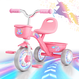Tricycle for Toddlers Age 1-3 3-5, Unicorn Toddler Tricycle with Basket, Colorful Lighting Wheels, Birthday Gift for 1 2 3 4 5 Year Olds Girls