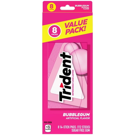 Trident Bubblegum Sugar Free Gum, Value pack, 8 packs of 14 Pieces (112 Regular Size Pieces)