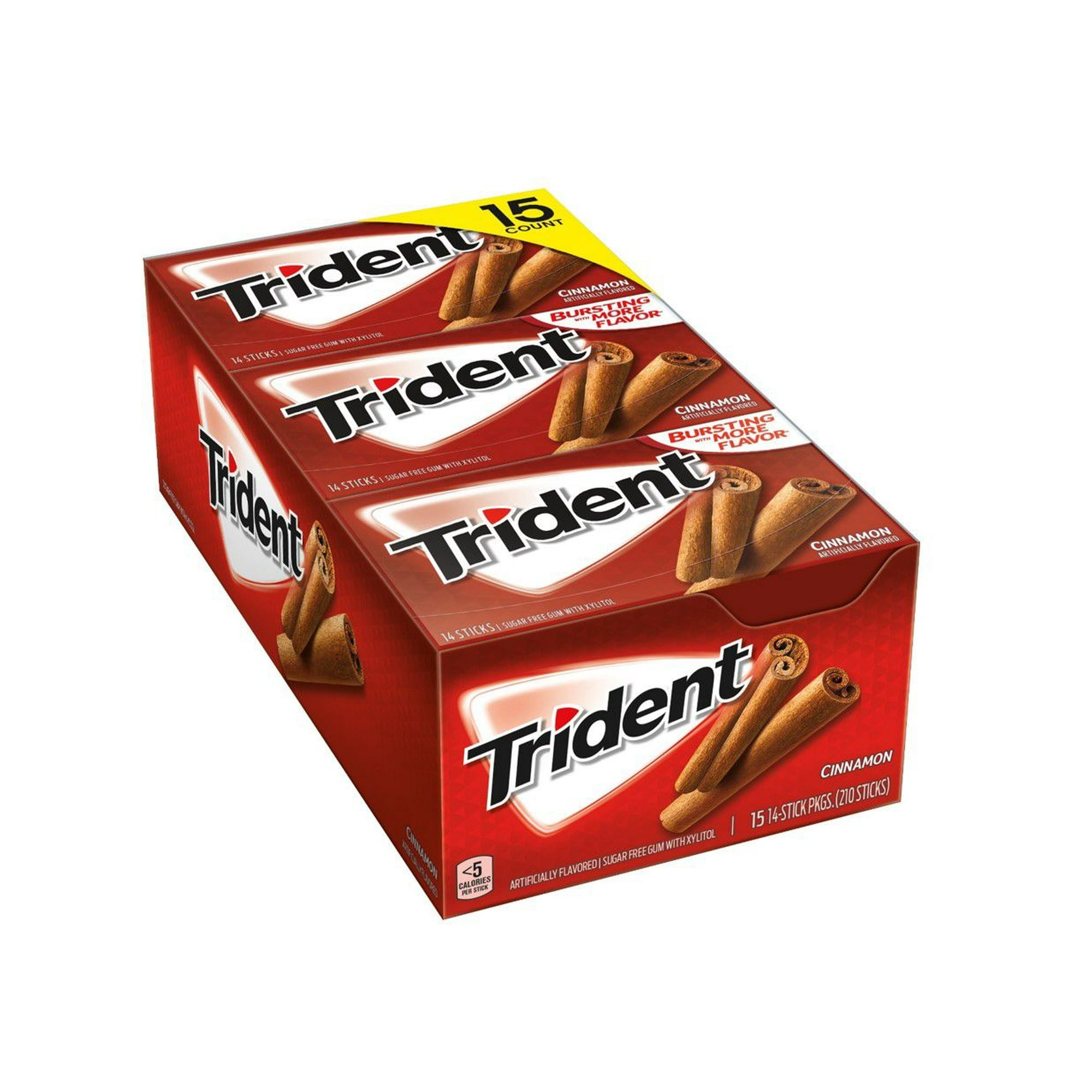 Trident Sugarless Bursting Cinnamon Flavor Gum with Xylitol, (15 Count/14 Sticks Each Pack)
