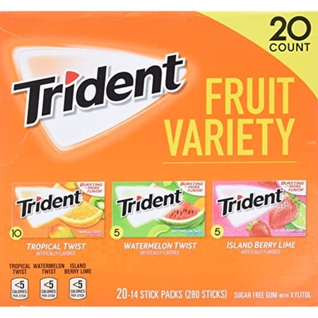 Trident Fruit Variety Pack Sugar Free Gum, 14 Count, Pack Of 20