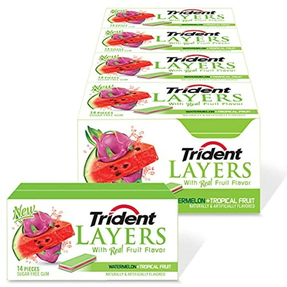 Trident Layers Watermelon & Tropical Fruit Sugar Free Gum, 12 Packs Of 14 Pieces (168 Total Pieces)
